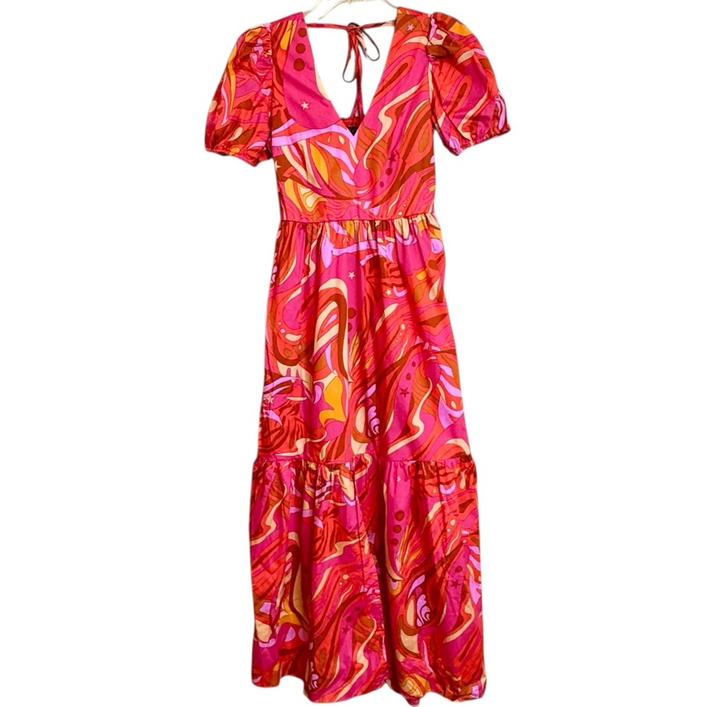 NWT 1. STATE Psychedelic Puff Sleeve V Neck Cut Out Back Maxi Paisley Dress XS